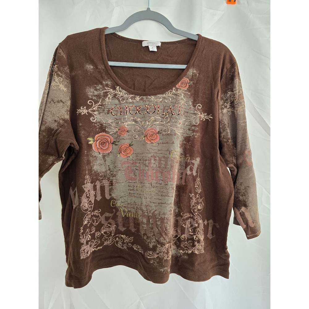 Dressbarn Woman 1X Brown Floral Graphic Long Sleeve‎ Top Shirt